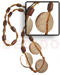 Wooden Necklace 4-5mm Chocolate Coco Pklt W/ Nat. Wood Tube In Brown Combi, Amber Glass Beads And 3 Pcs. 45mm Laminated Capiz Shells / 36in