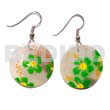 Hand Painted Earrings Dangling 35mm Round Hammershell W/ Handpainted Flower