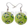 Hand Painted Earrings 35mm Round Green Capiz W/ Handpainted Design