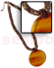 Resin - Glass Beads Necklaces Twisted 2-3mm Nat. Brown Coco Pklt. & Glass Beads W/ 40mm Round Amber Bone Pendant