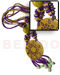Shell Necklace 3 Layers 2-3mm Coco Pklt And Glass Beads W/ Kukui Nuts, Coco Squarecut And Tassled Buri Seeds And 60mm Hapdpainted And Laminated 60mm Capiz Shell / Mustard And Violet Tones / 22in.