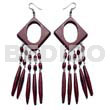 Wooden Earrings Dangling 35mm Diamond Reddish Brown Nat. Wood W/ 27mmx18mm Inner Hole And Dangling 35mm 5pcs. Football Wood Sticks / W/ Clear Matte Coat Finish